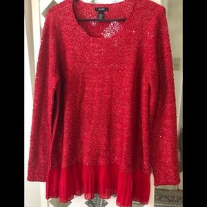 Alfani red sequin, long sleeve sweater with ruffle bottom. Size L.